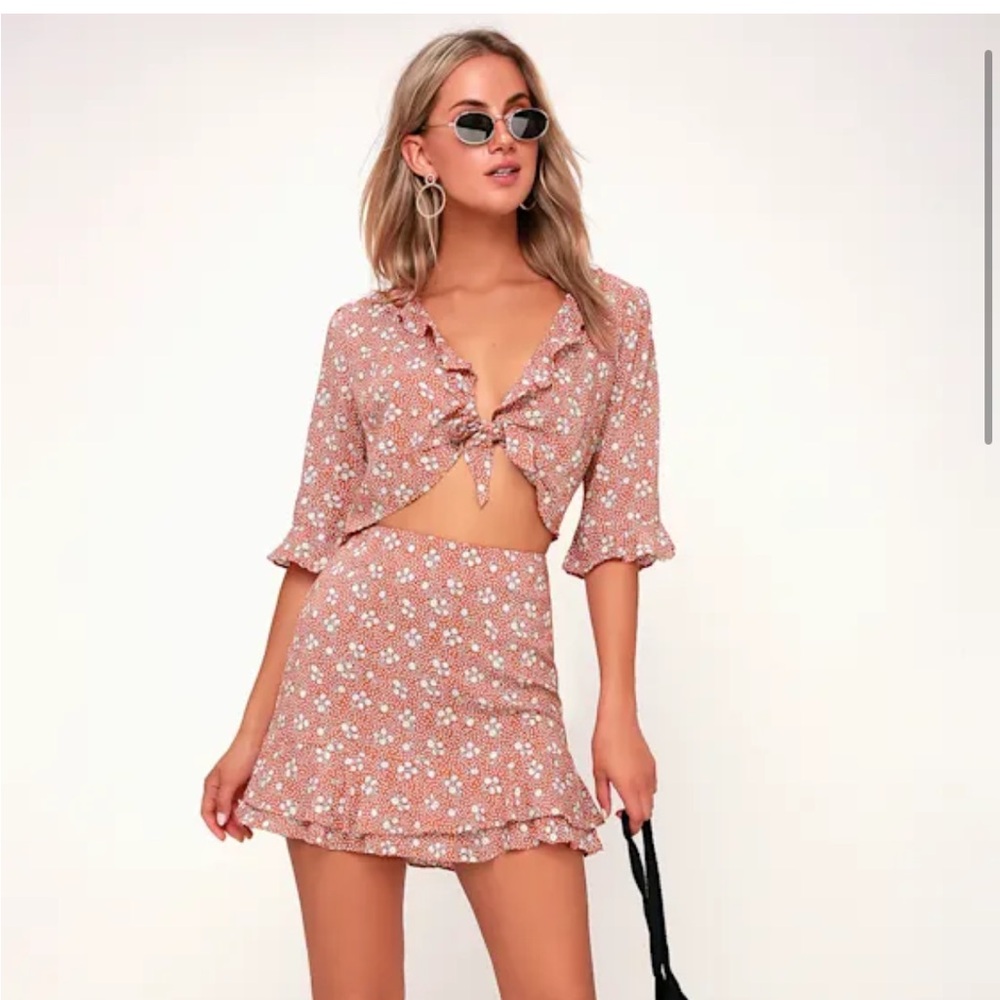 Lulus Carnation Crush Terra Cotta Floral Print Two-Piece Skirt Set
